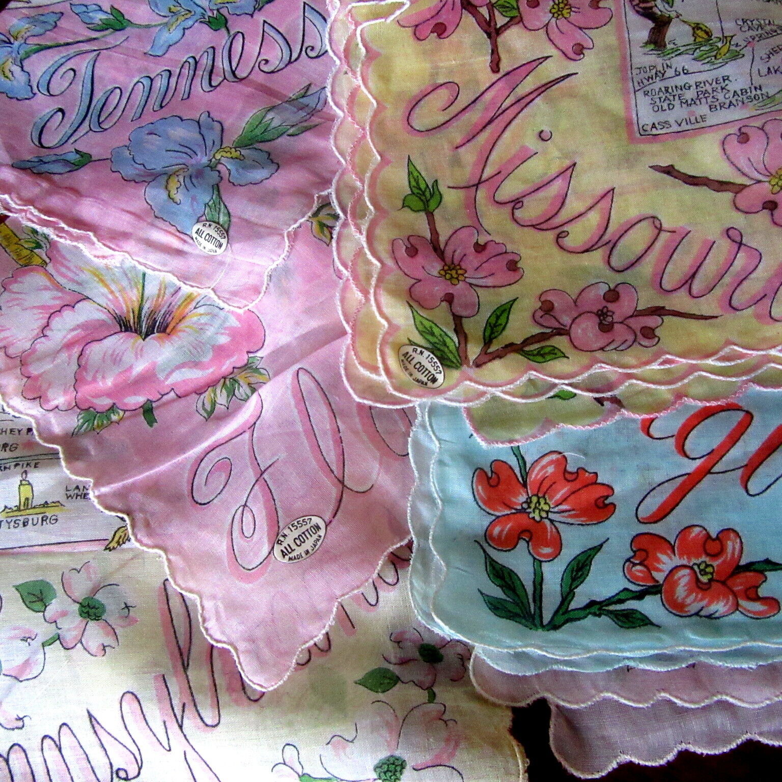 Vintage State Hankie Handkerchief Lot 6 Souvenir Map Hankies Tn Mo In Va Pa Fl